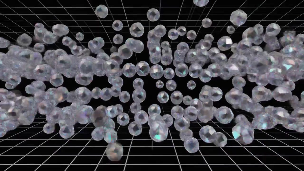 Animazione astratta di sfere diamantate fluttuanti su una griglia