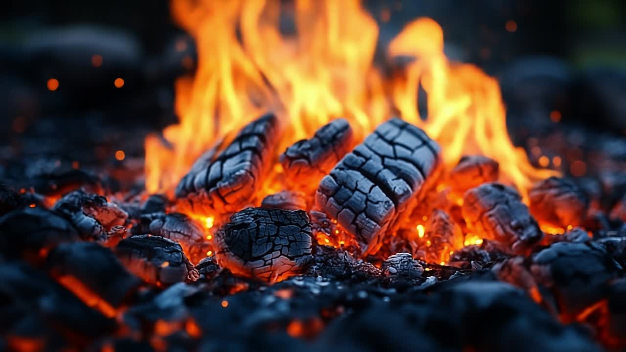 Flames dancing over glowing charcoal. Bright flames leap from blackened charcoal, illuminating the dark surroundings during a serene evening campfire.