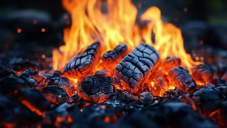 flames dancing over glowing charcoal. bright flames leap from blackened charcoal, illuminating the dark surroundings during a serene evening campfire.