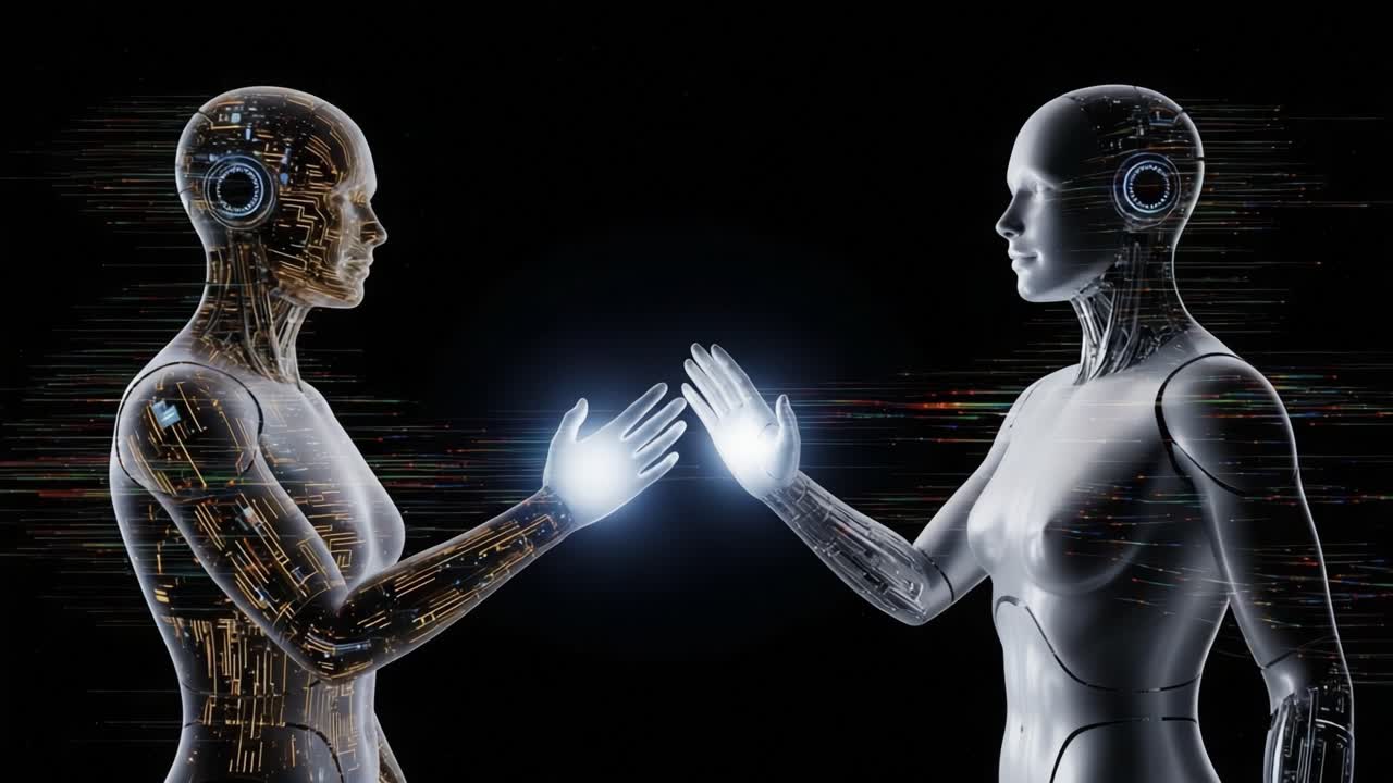 A Futuristic Encounter: Two Robotic Figures Reach Out to Each Other, Symbolizing Connection and Technological Advancement in a Digital Realm.