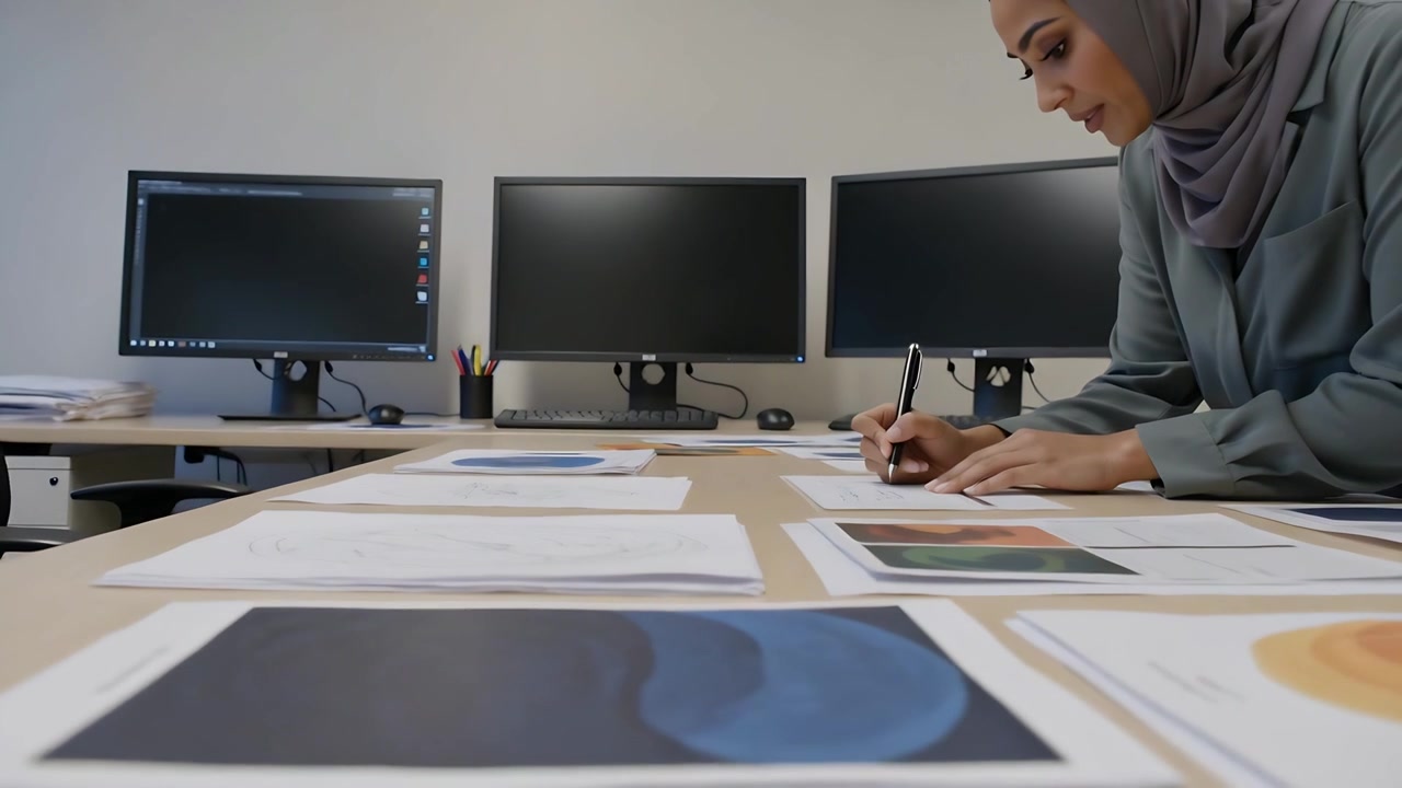 Entering right, woman in hijab arranging charts on office desk with phone for review, copy space