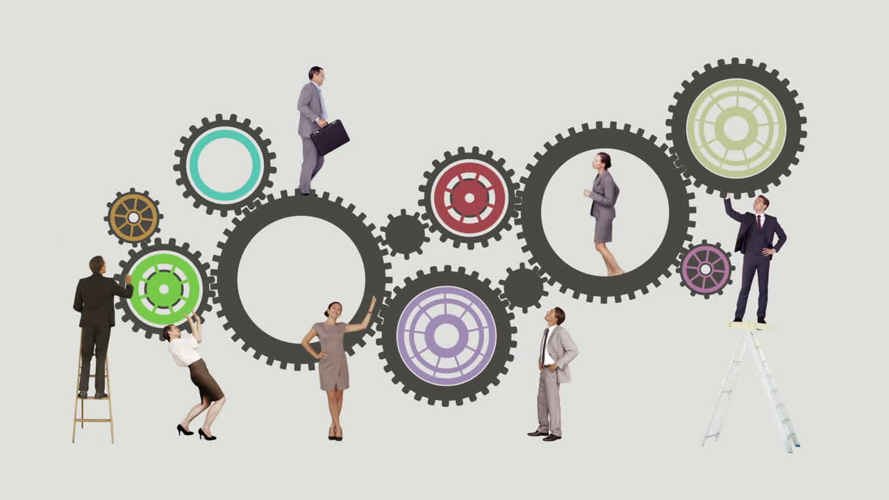gente de negocios corriendo y girando engranajes