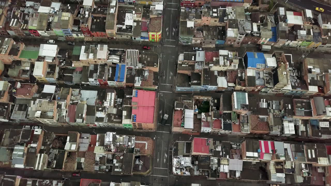Aerial top shot over traditional neighborhood in Bogota during pandemic