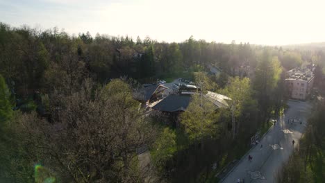 Aerial-Shot-of-Stunning-Outdoor-Concert-Stage-in-City-Park-at-Sunset