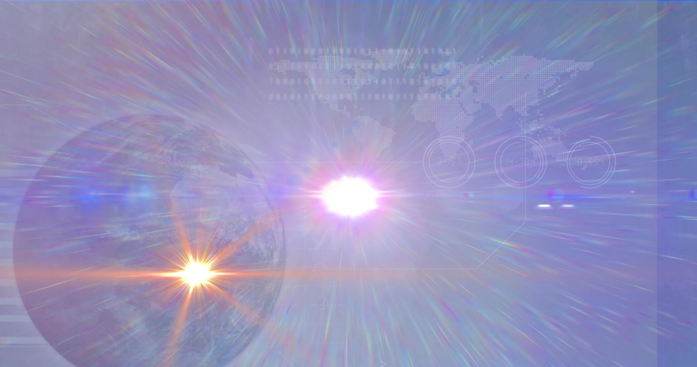 藍色光點在地球儀和世界地圖上方移動的動畫，以藍色背景襯托。