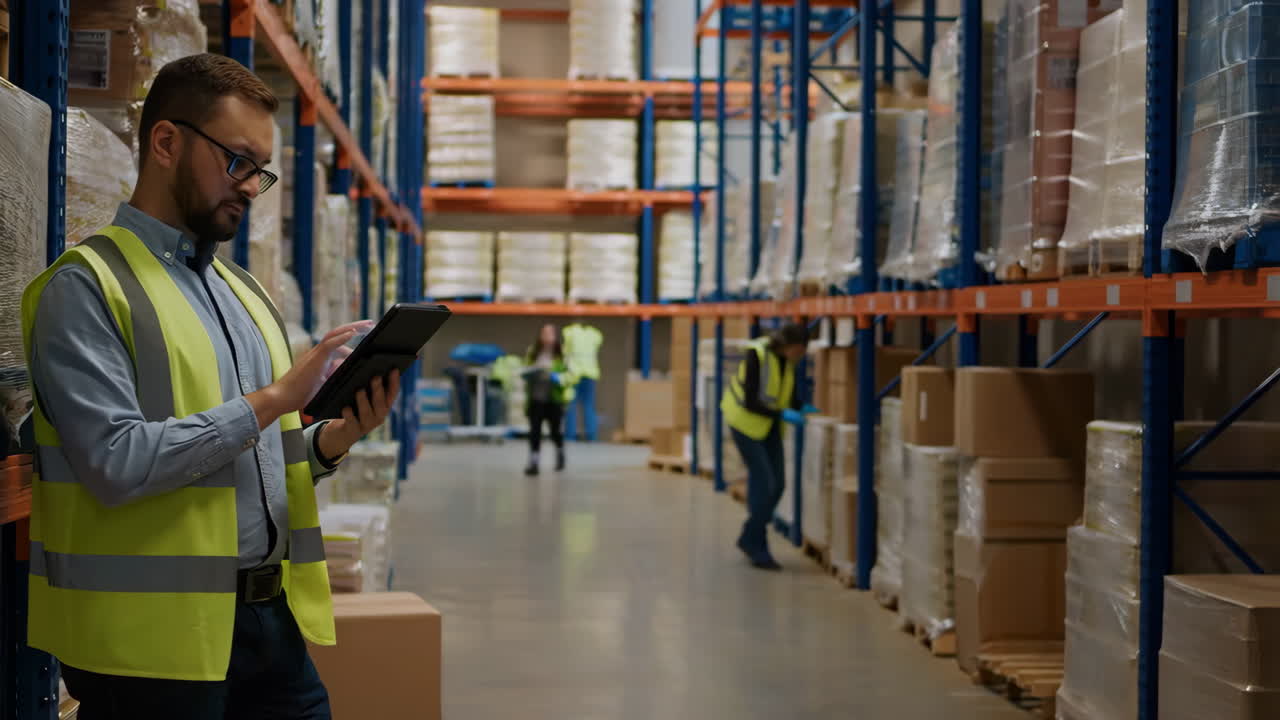 trabajador de almacén que utiliza una tableta para la gestión del inventario