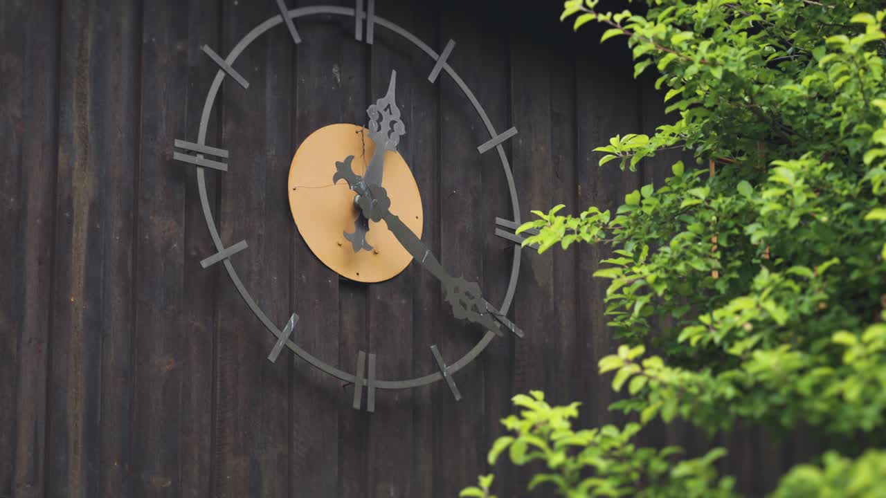 A large outdoor clock with decorative hands is mounted on a wooden wall, surrounded by greenery.