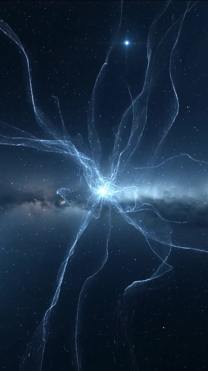 Video verticale: Nucleo pulsante che invia flussi di plasma attraverso la fascia galattica, spostando energia verso una stella.