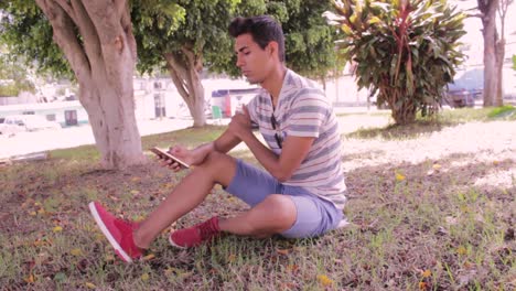 joven en el parque usando su celular para tomar fotos y videos de la naturaleza
