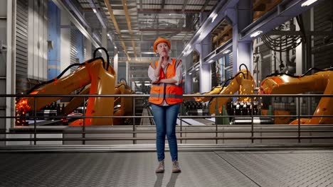 full body of asian female engineer with safety helmet thinking about something and looking around while standing with industrial robotic arms working