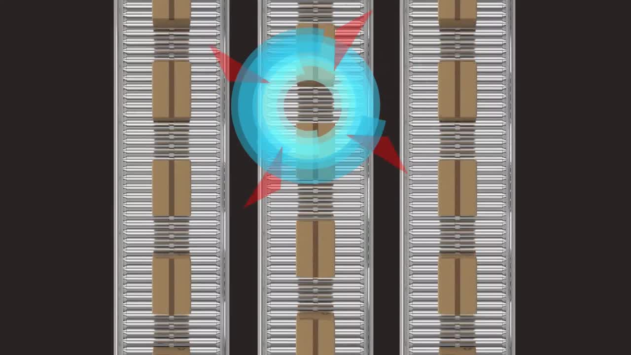 컨베이어 벨트에 움직이는 카드보드 상자 위의 스 ⁇  스캐닝의 애니메이션