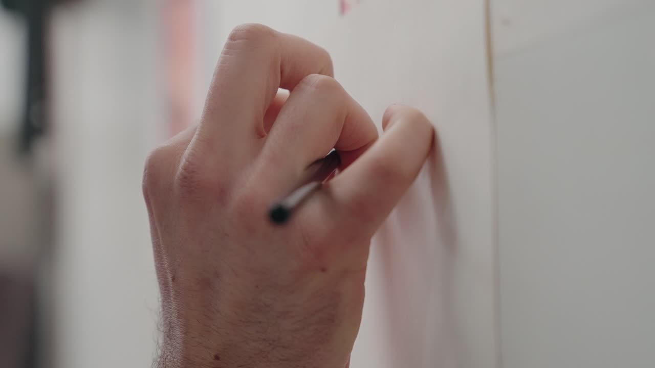 Close up of hand holding a pencil while writing on a white surface