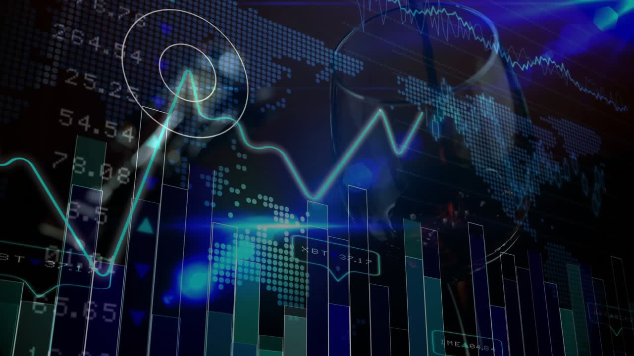 Playback starting, market HUD opening, cyan line waving, bars moving, globe shifting showing trends