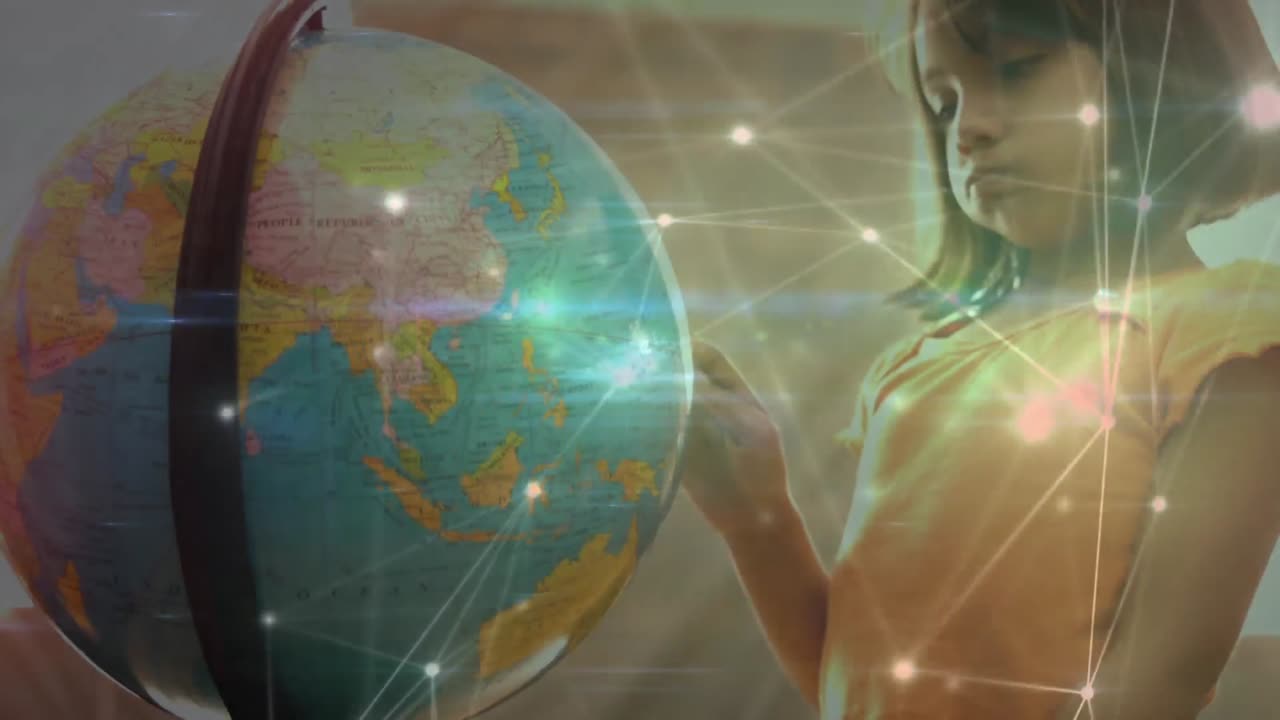 red de conexiones sobre niñas caucásicas aprendiendo geografía usando un globo en la escuela primaria