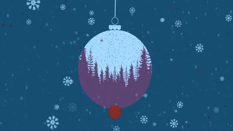 Animation-of-snow-falling-over-christmas-bauble-with-trees-on-blue-background