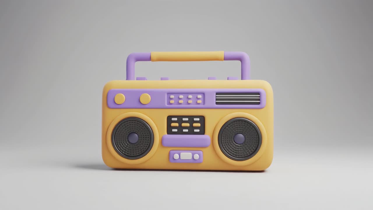 Radio Boombox 3D Bergaya Berputar di Latar Belakang Bersih.