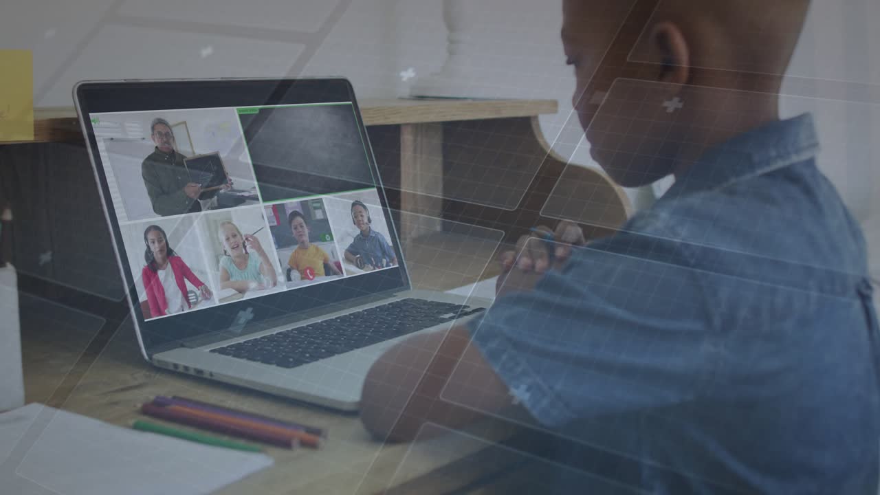 Child watching laptop in remote class, slide changing to question and preparing to answer