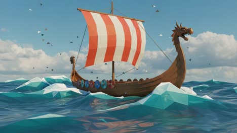 a majestic viking ship with a bold dragon figurehead navigates through crystal clear turquoise waves under a bright blue sky in this stunning 3d animation