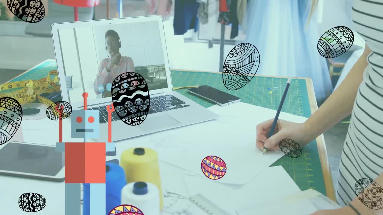 animación de iconos que caen sobre mujeres caucásicas usando una computadora portátil