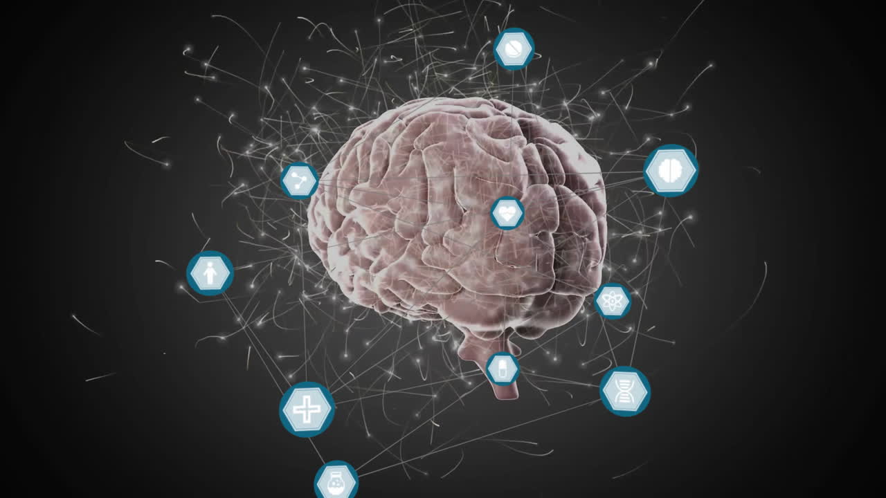 인간 뇌 위의 아이콘으로 연결된 네트워크의 애니메이션