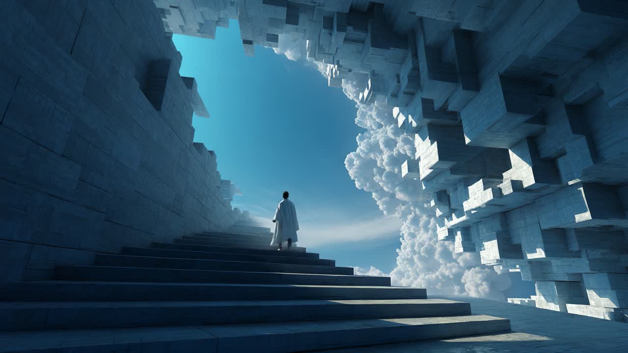 A solitary figure ascends an ethereal staircase leading to a surreal archway of clouds, framed by intricate geometric structures, symbolizing exploration and transcendence in a dreamlike landscape