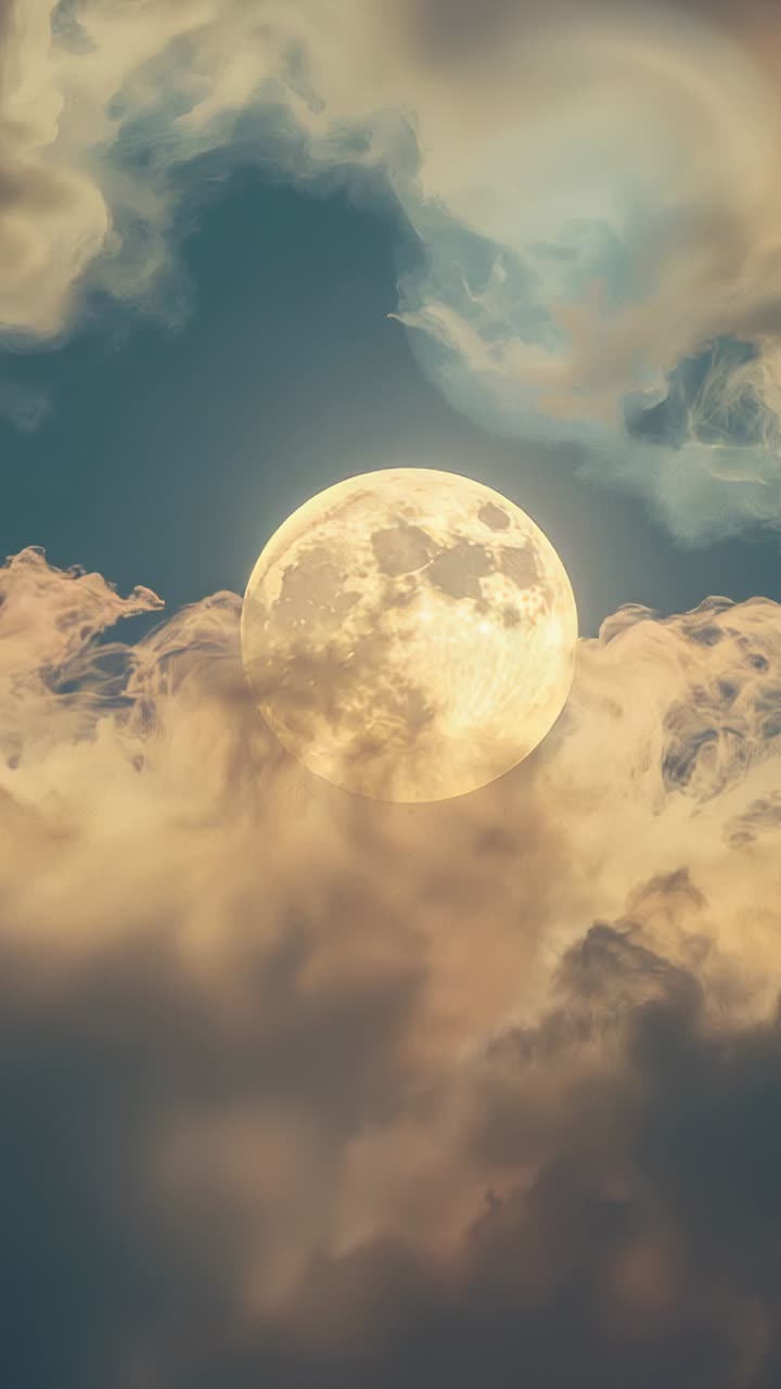 Vertical video: Swelling golden clouds drifting at night, briefly obscuring and revealing full moon
