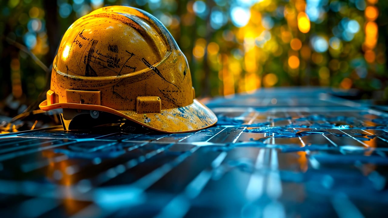 Yellow hard hat resting on wet solar panel surface. Close-up of a dirty yellow construction safety helmet lying on blue solar panels with bokeh forest background.