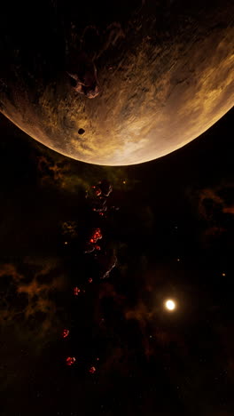 a planet in space with a field of asteroids