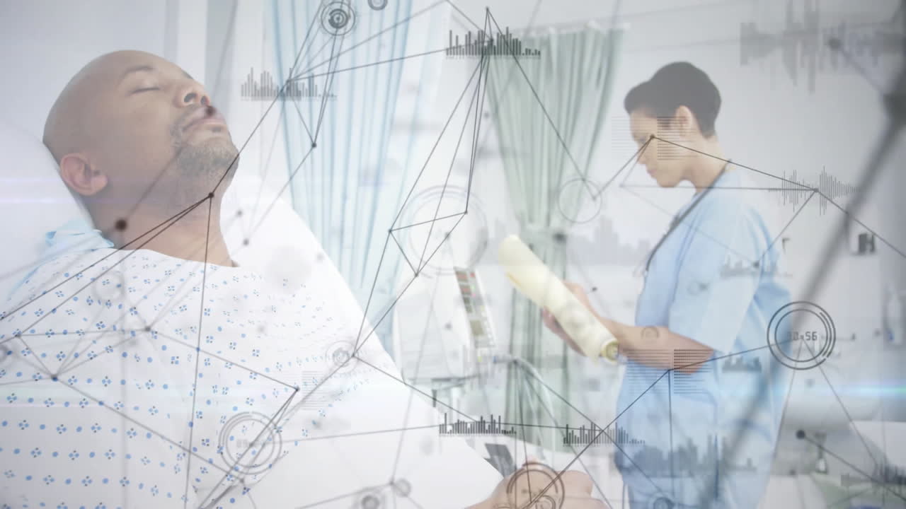 Medical data network animation over patient in hospital bed and nurse reading chart