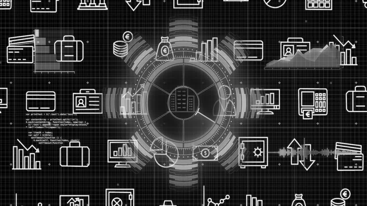 Animation of futuristic data processing interface with technology and business icons