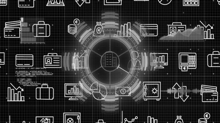 Animation of futuristic data processing interface with technology and business icons