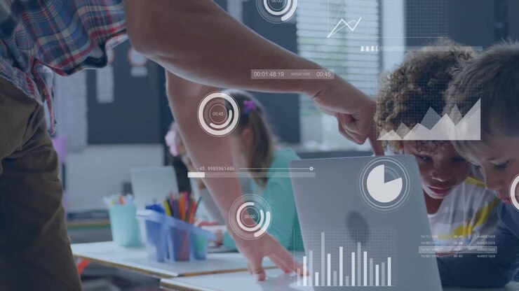 Animation of statistics and data processing over diverse schoolchildren and male teacher