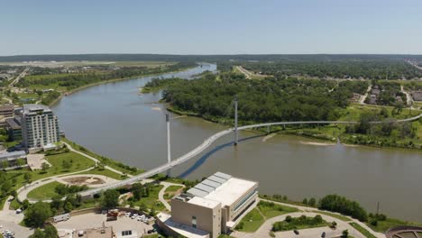 aerial view of pedestrian bridge connecting omaha, nebraska and council bluffs, iowa along the missouri river