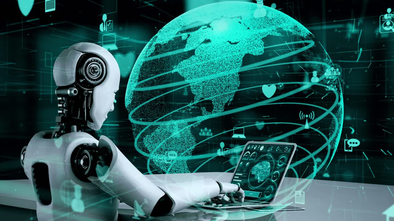 Internet connection controlled by AI robot huminoid and machine learning process
