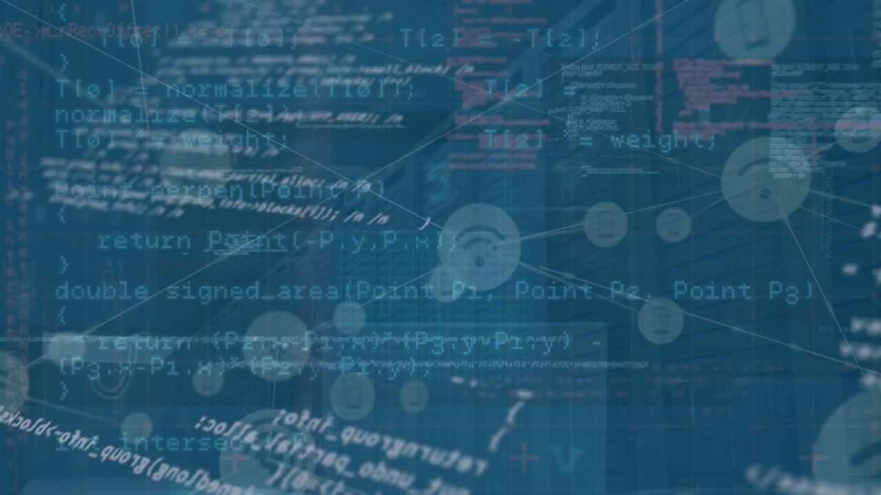 animación de alerta de ciberataque con procesamiento de datos y red de conexiones a través de la sala de servidores