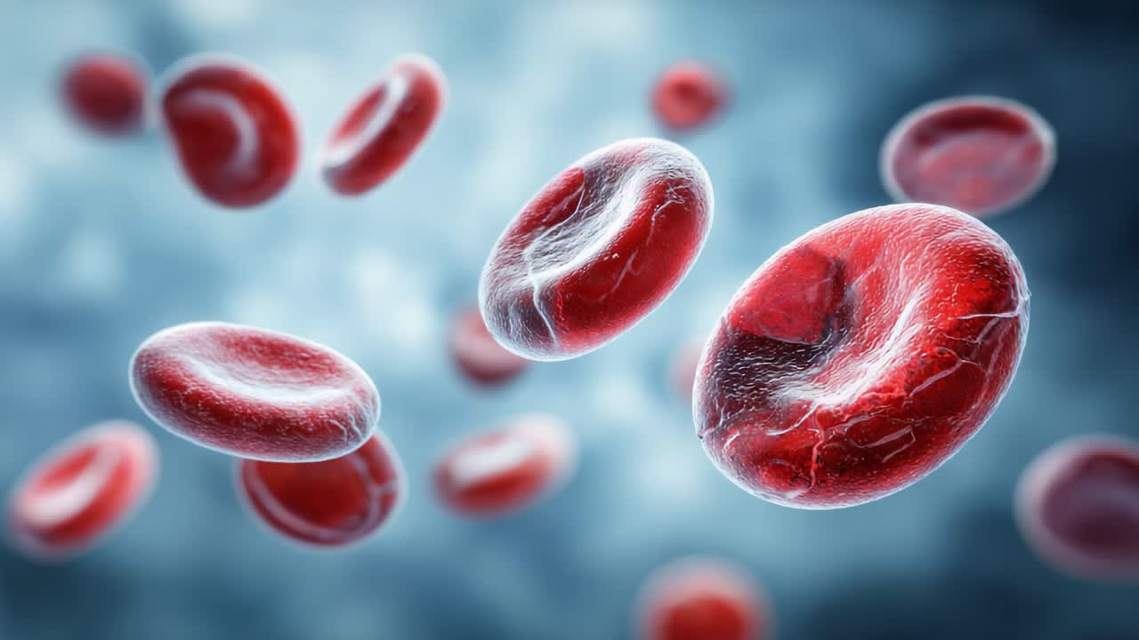 A Close-Up Exploration of Red Blood Cells in Motion, Capturing Their Unique Structure and Characteristics Against a Mysterious Abstract Background