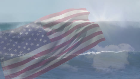 digital composition of waving us flag against waves in the sea