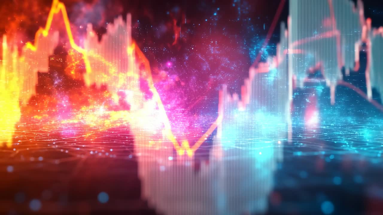 Visualizing digital data trends. Colorful digital graph displays data trends and fluctuations against a vibrant backdrop of cosmic colors.