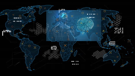 animación de la mano de la célula covid y procesamiento de datos en el mapa del mundo