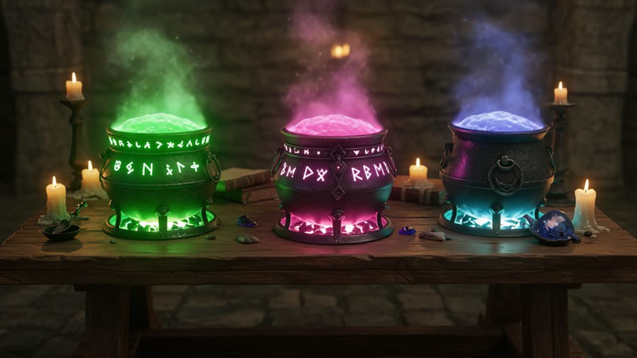 Mystical Cauldrons Bubbling with Enchanted Brews and Colorful Vapor in a Dimly Lit Wizard's Workshop