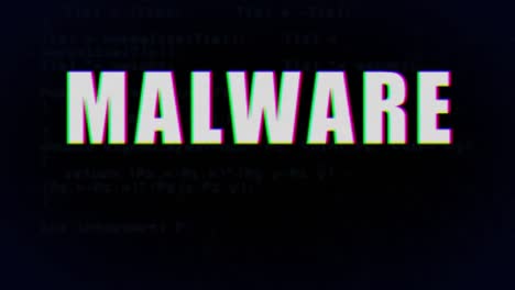 Animation of white text, malware, with flash of green data, on black background