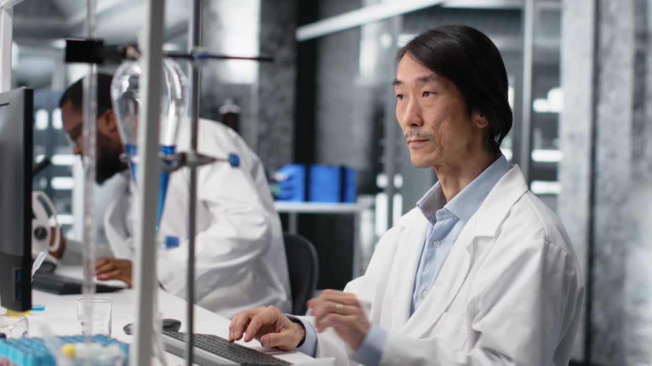 Vertical video Researcher finishing laboratory experiment preparing research documentation