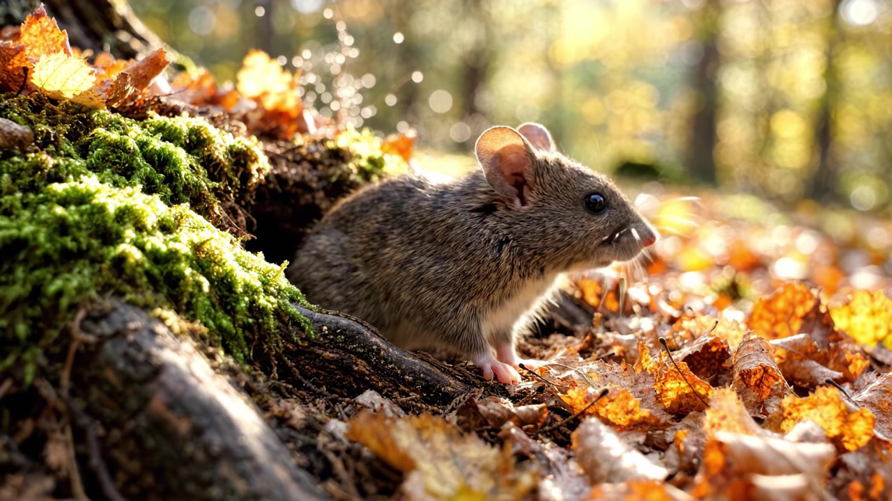 Un topolino curioso emerge da una tana accogliente in mezzo a un paesaggio autunnale colorato pieno di foglie cadute e della bellezza della natura