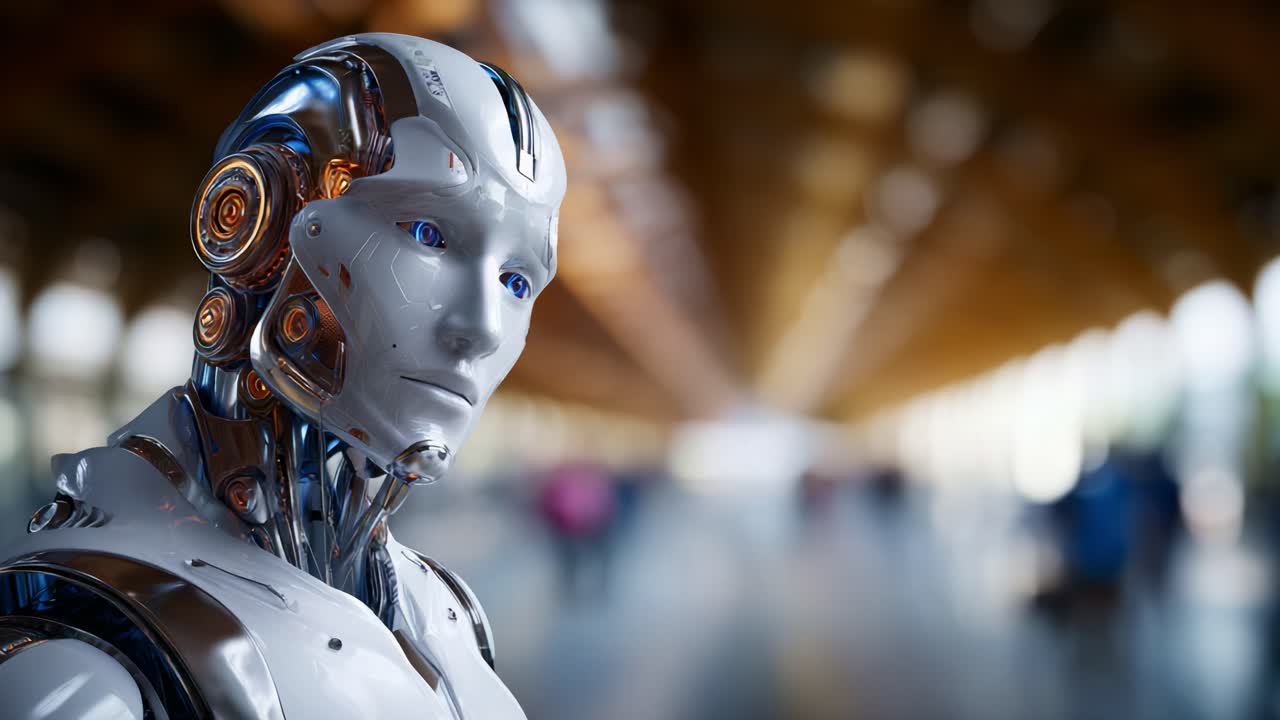 Modello di robot futuristico in ambiente moderno, che mette in mostra IA, tecnologia avanzata e design con superfici lisce e intricati dettagli meccanici