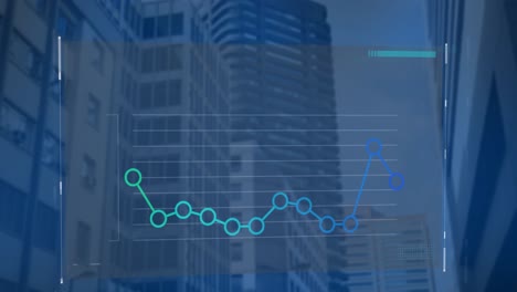 animación del procesamiento de datos estadísticos frente a una vista de ángulo bajo de edificios altos