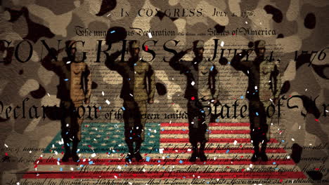 animation of confetti falling over american flag and saluting soldiers on camouflage background