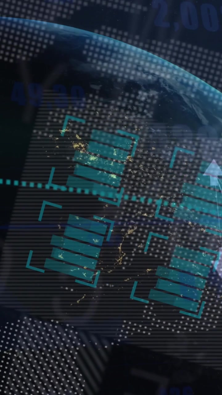 Animation of financial data processing and globe on black background