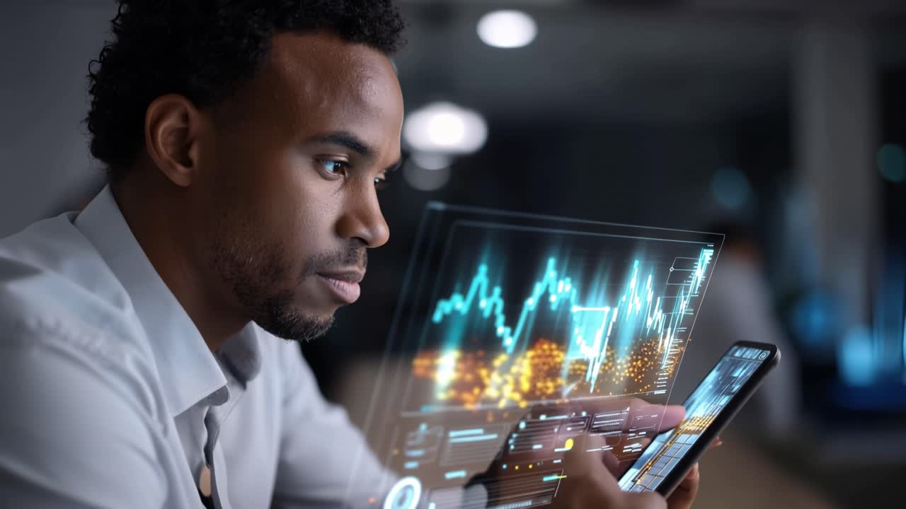 Focused Professional Analyzing Digital Data Trends on Smartphone While Working in a Modern Office Environment with Bright Chart Visualizations