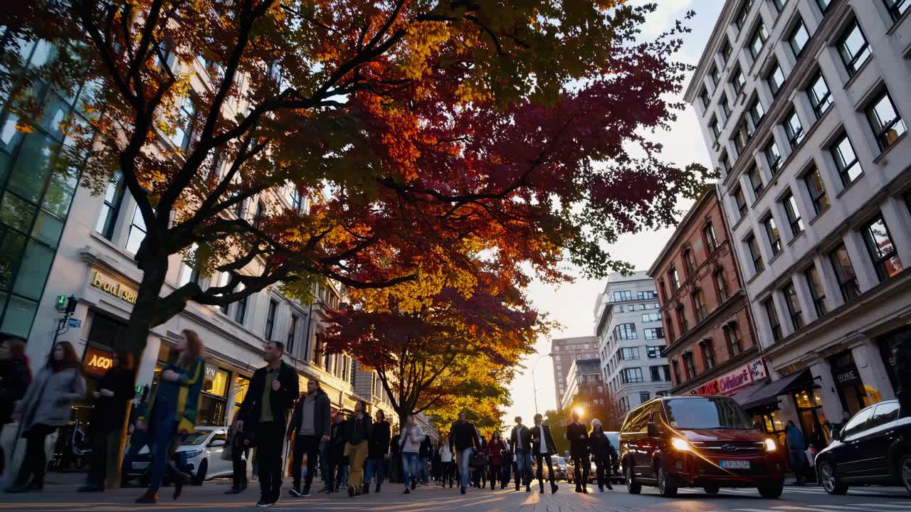 Street-level video captures a bustling city scene at sunset, with vibrant autumn leaves and people