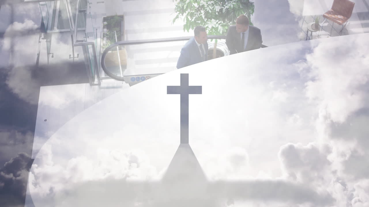 Near escalator, two people talking with cross silhouette in bright setting